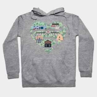 I Love the Town of Schitt's Creek, where everyone fits in. From the Rosebud Motel to Rose Apothecary, a drawing of the Schitt's Creek Buildings Hoodie